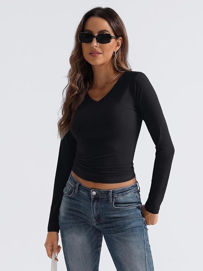 Trendy Queen Long Sleeve Shirts for Women 2025 Fall Fashion V Neck Basics Crop Tops Slim Fitted Y2K Tops Outfits Clothes
